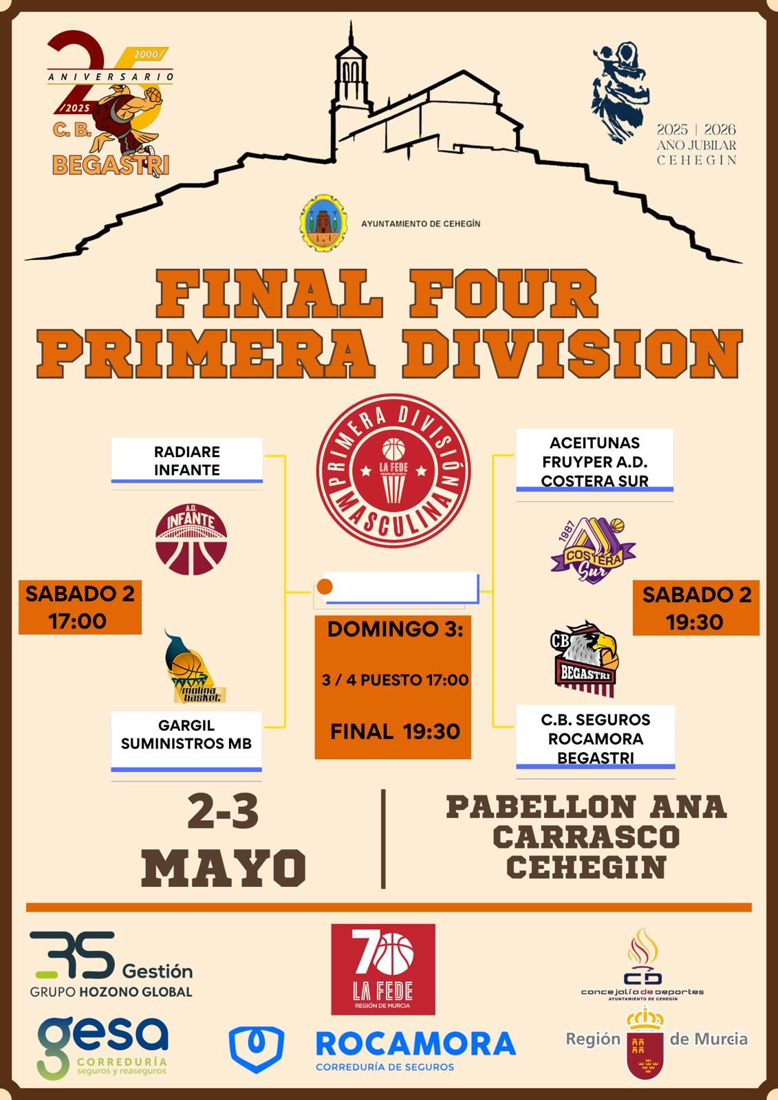 Cehegín acogerá la Final Four de Primera División los días 2 y 3 de mayo en el pabellón Ana Carrasco