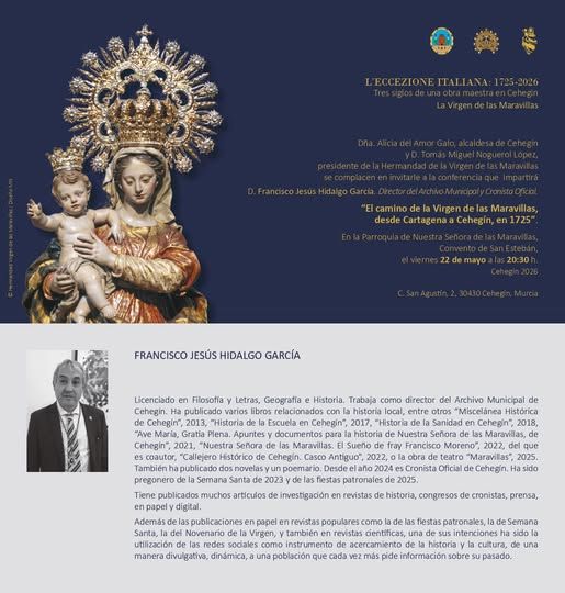 El camino histórico de la Virgen de las Maravillas protagoniza una conferencia en Cehegín dentro del ciclo del Año Jubilar El concejal de Cultura,