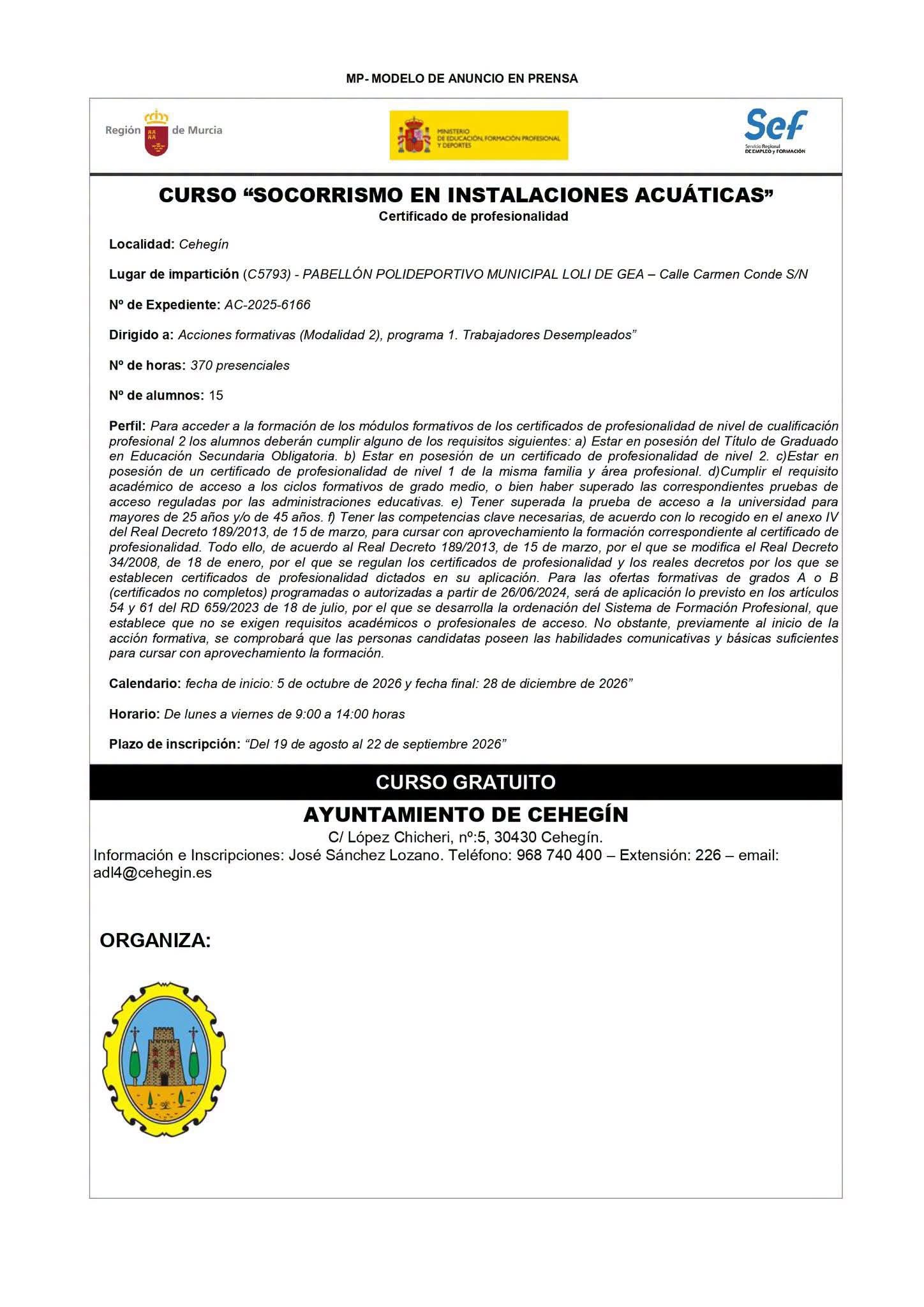 CURSO DE SOCORRISMO EN INSTALACIONES ACUÁTICAS